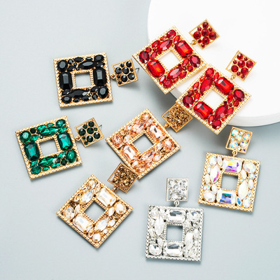 European and American fashion colour set auger drill series alloy glass drill multilayer rectangular earrings female fashion street snap earrings 