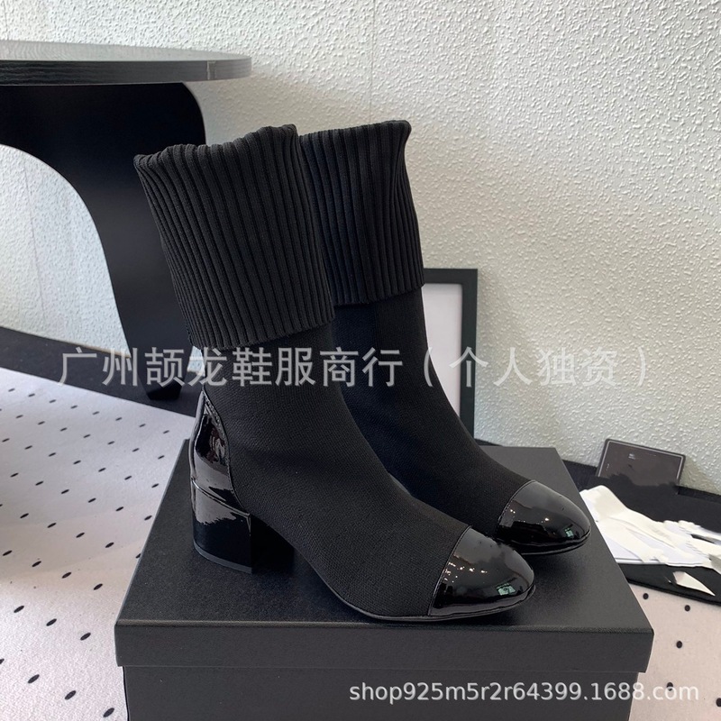 高端2025秋冬小香风真皮圆头拼色粗跟高跟针织弹力显瘦短靴时装靴|undefined