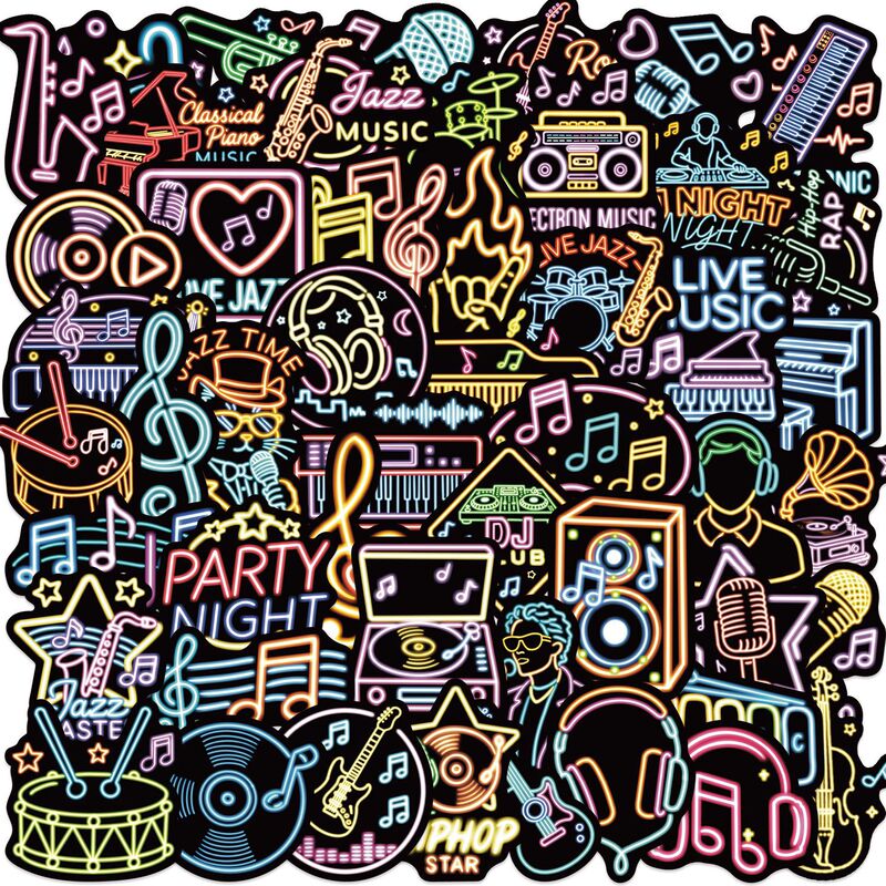 50 Cartoon Neon Music Symbol Graffiti Stickers for Decorating Guitar, Notebook, Suitcase, DIY Waterproof Cross-Border Batch 50 Cartoon Neon Music Symbol Graffiti Stickers for Decorating Guitar, Notebook, Suitcase, DIY Waterproof Cross-Border Batch