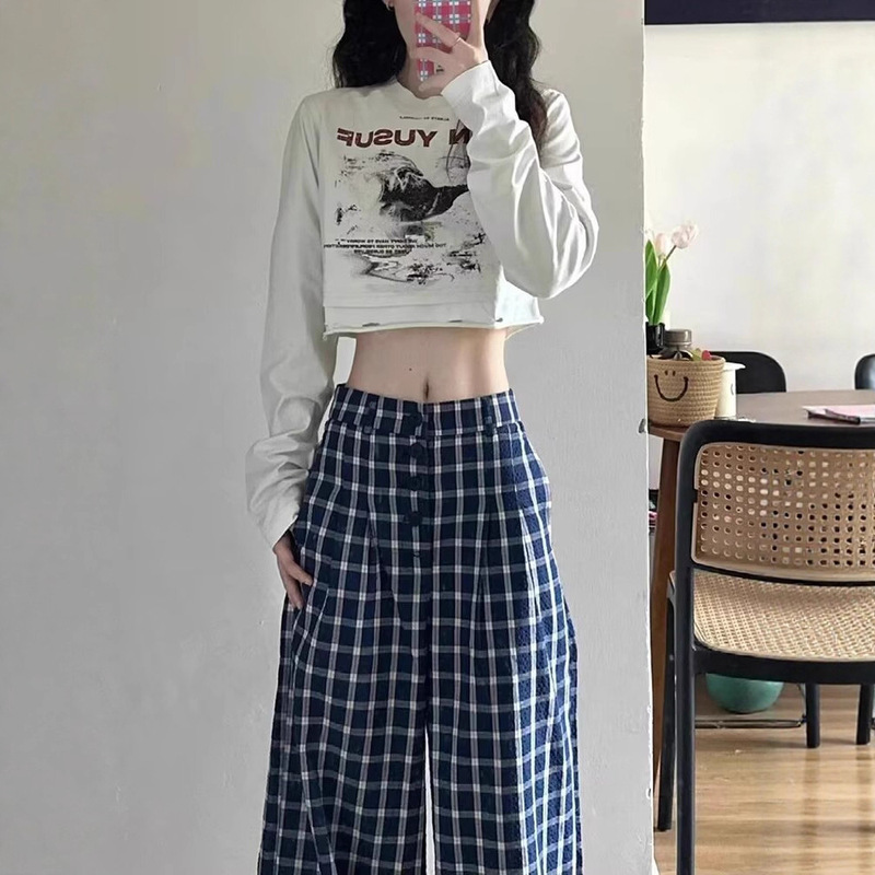150小矮个子复古格纹阔腿休闲裤女夏季薄款慵懒风高腰宽松拖地裤|undefined