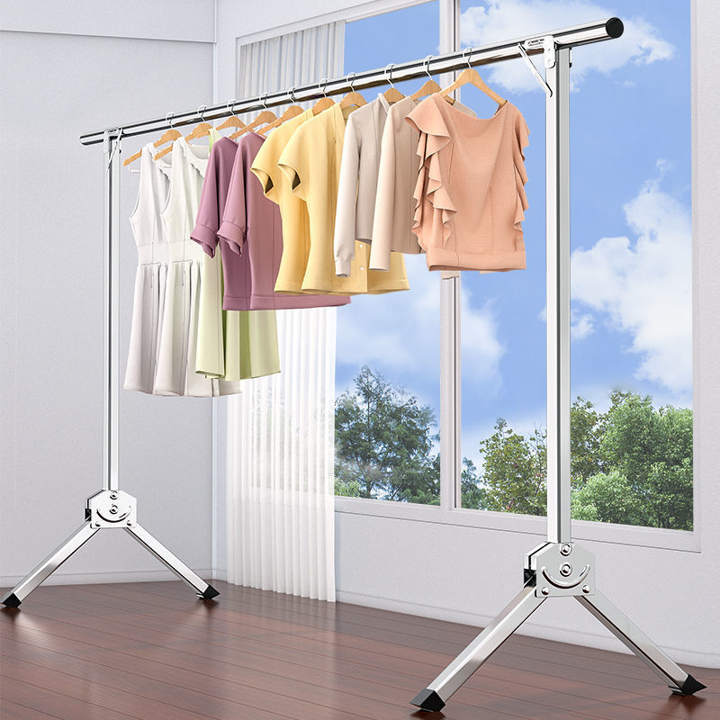 Stainless Steel Folding Single Rod Drying Rack Floor Vertical Household Balcony Telescopic Drying Rack for Clothes Drying Artifact