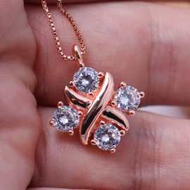 跨境热卖韩版精致玫瑰金灵动X形镶锆石银饰吊坠气质魅力女吊坠