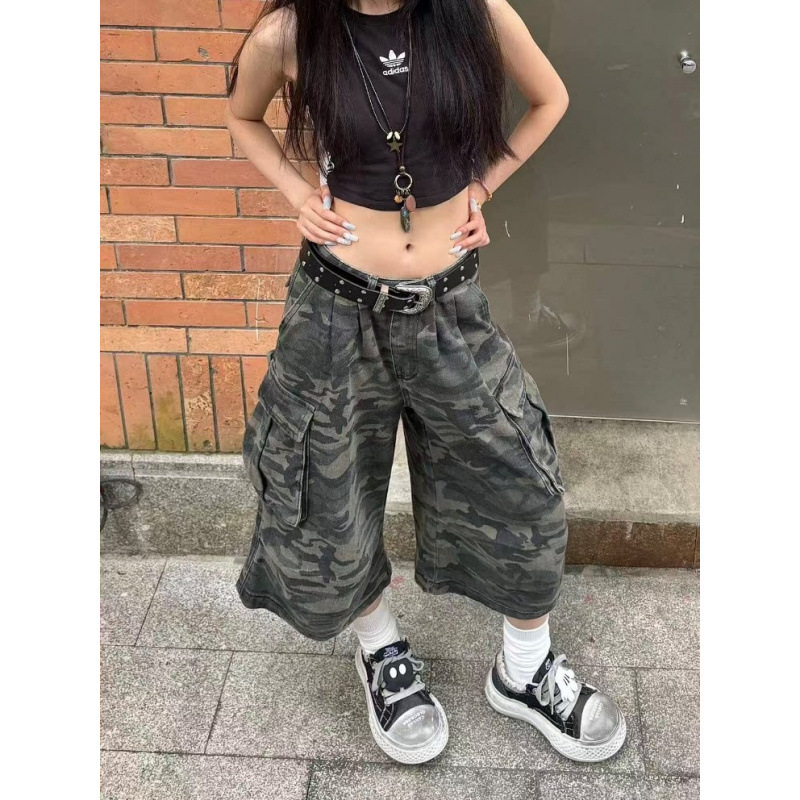 American High Street Style Cool Camouflage Workwear Cropped Pants for Men and Women, Summer Loose Casual Trendy Brand Multi-Pocket Wide-Leg Shorts