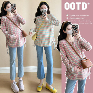 T-Shirt 2025 Spring New Korean Style Maternity Long-Sleeved T-Shirt Large Size Loose Drawstring Stripesd Fashion Slimming Look Top