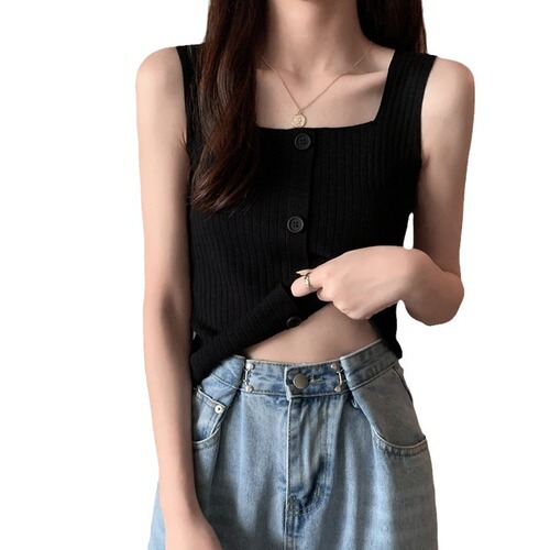 Knitted spaghetti strap top for women, suitable for spring and summer, trendy, fashionable for students, slimming, can be worn outside, square neck, innerwear, sleeveless t-shirt