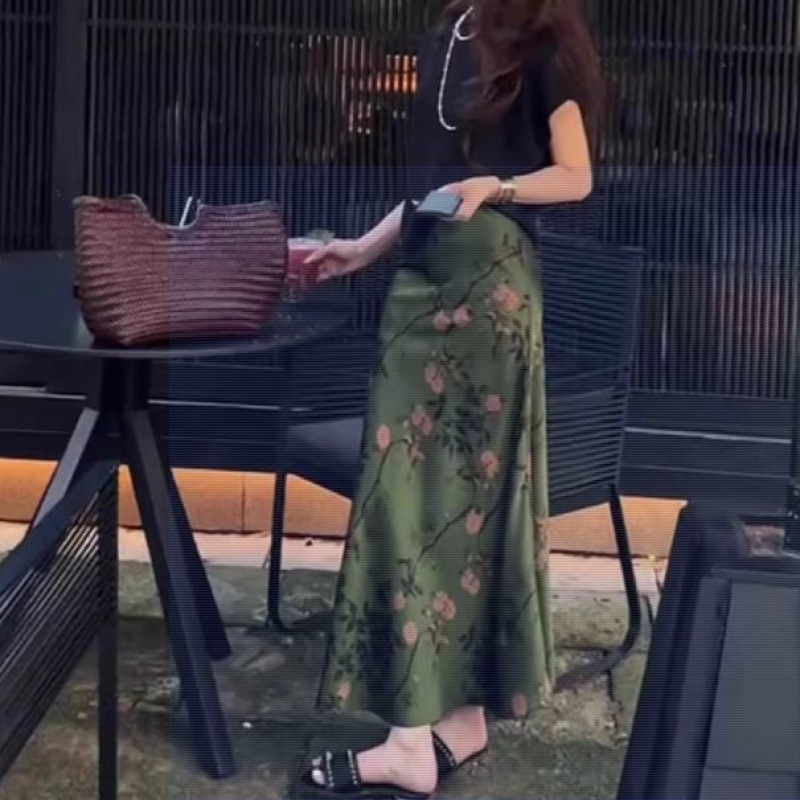 New Chinese Style Ink Print Satin Skirt for Women Summer Thin Drape Ice Silk Skirt High Waist Elegant Long Skirt