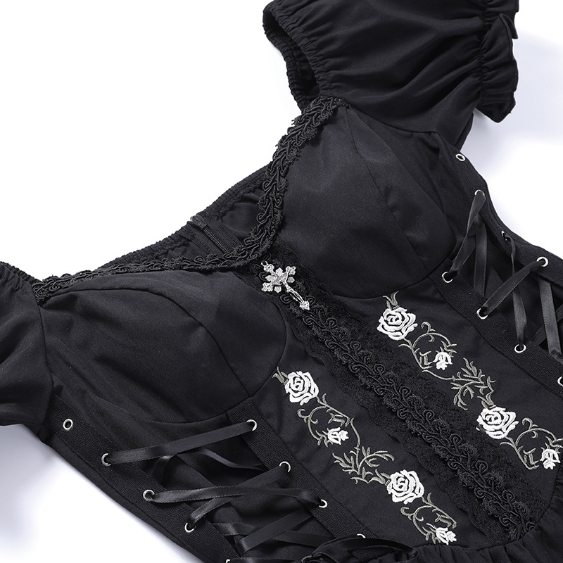 Gothic A-line Dress - Elegant Grunge Ruched Black Partywear for Women