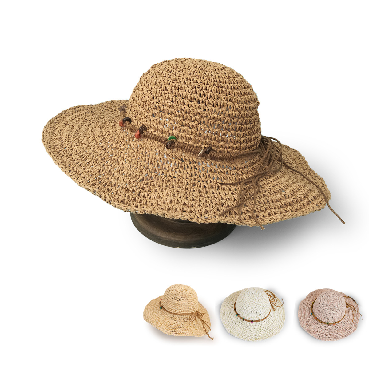 Chapeau De Paille Respirant À Grand Bord Tissé Avec Bouton De Protection Solaire De Style Coréen display picture 16