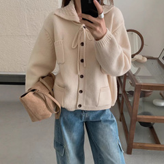 复古翻领系带针织开衫女2025秋冬新款韩系宽松休闲慵懒毛衣外套厚