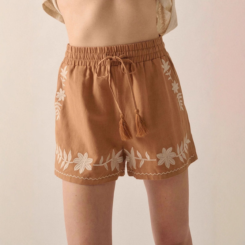 Trendy European and American Cross-Border Bomi Style Loose Mid-Waist Color-Block Tie Shorts Summer New Women's Bottoms