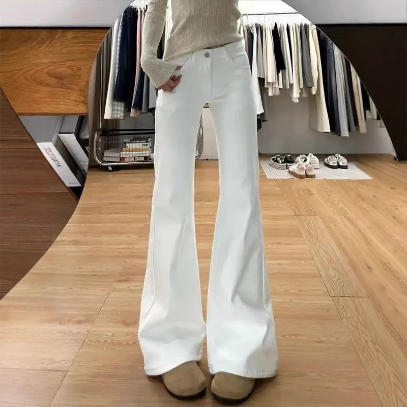 Popular American Retro White Non-Stretch Flared Jeans for Women, Low-Waist, Slimming, Loose Straight-Leg Floor-Length Pants