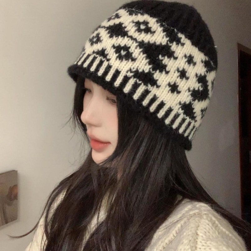 韩国新款小众设计感拼色菱形格针织渔夫帽女秋冬季毛线帽保暖帽子|undefined