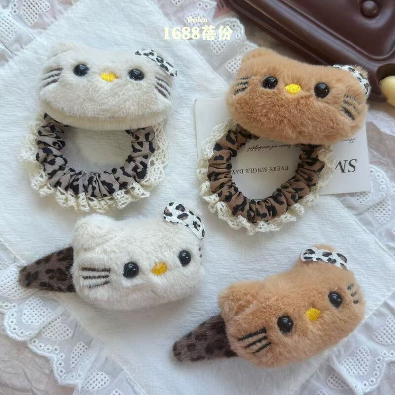 秋冬复古毛绒kitty猫豹纹掰掰夹刘海侧边夹美拉德风扎发头绳卡通|undefined