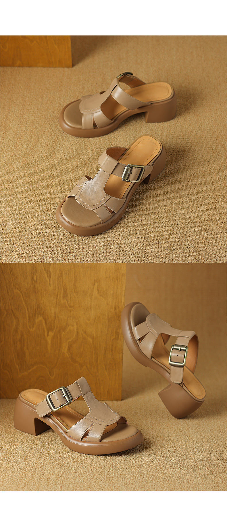 Sandal nữ hở mũi quai chữ T đế cao gót 6 cm, da mềm phong cách La Mã — màu nâu chi tiết 12
