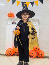 万圣节儿童披风斗篷男女宝亲子黑金拼色南瓜披风巫师帽服装道具