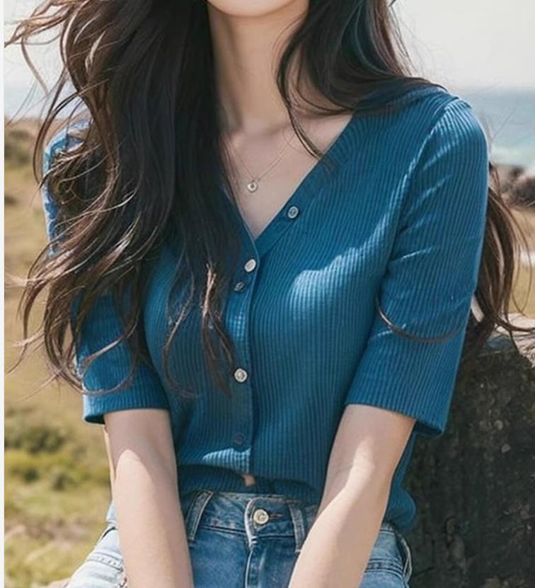 Áo cardigan dệt kim lụa băng màu xanh Dopamine cổ chữ V tay ngắn mùa hè — Màu như hình chi tiết 5