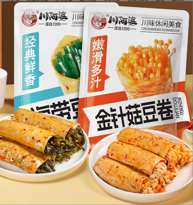 川おばさんのえのき豆巻き、昆布サンド豆皮巻き、スパイシーシリーズ、スナック、干豆腐スナック|undefined