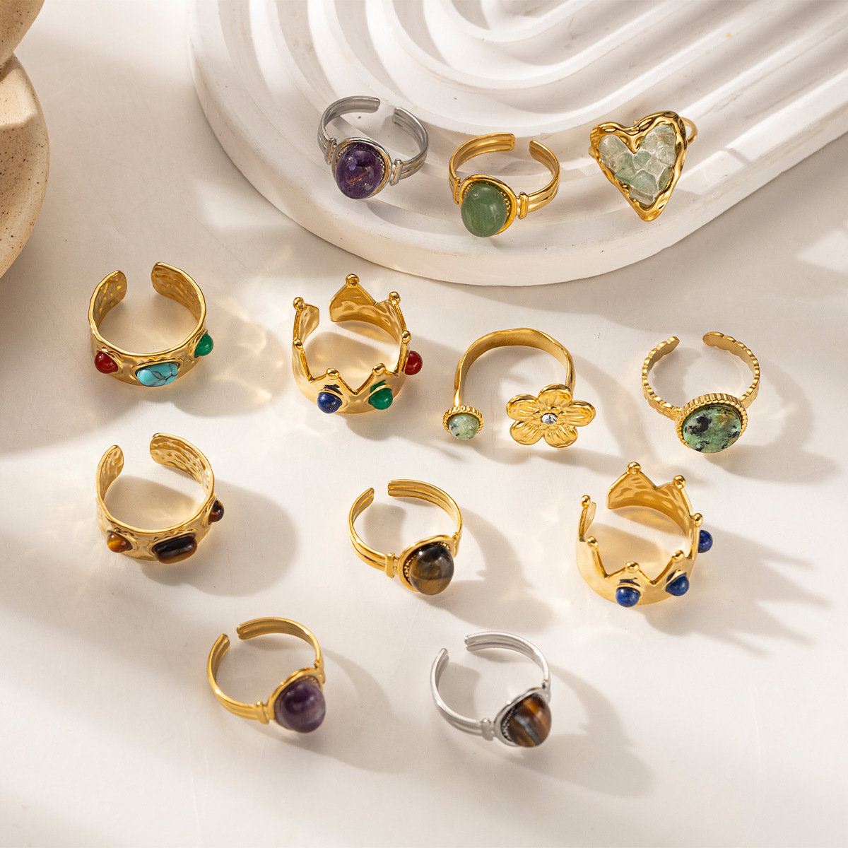 Anillo de acero inoxidable europeo y americano de Tena, lujo ligero, sentido de alta calidad, piedra natural con incrustaciones de anillo de acero de titanio, joyería de nicho femenina