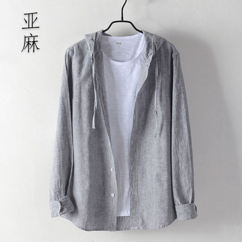 2026 Spring and Autumn Men's Linen Long Sleeve Shirt Japanese Style Artistic Cotton Linen Loose Hooded Striped Shirt 2026 Spring and Autumn Men's Linen Long Sleeve Shirt Japanese Style Artistic Cotton Linen Loose Hooded Striped Shirt