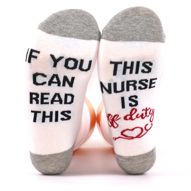 Cross-Border Popular Item: Nurse and Teacher Cotton Mid-Calf Socks with Letter Jacquard on the Sole, Casual Sports Socks with Antibacterial Towel Bottoms