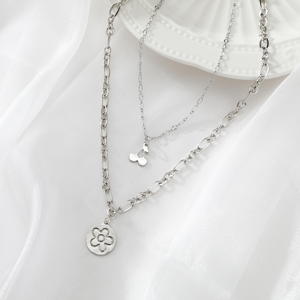 Stacked Simple Hip-Hop Niche Clavicle Chain Creative Alloy Cherry Pendant Double-Layer Necklace Exaggerated Thick Chain Necklace_voghion.com