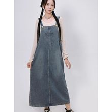 韩版复古开叉牛仔背带裙女夏季百搭简约宽松遮肉通勤中长款连衣裙