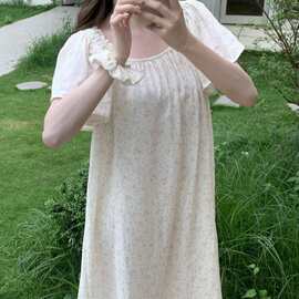 韩国ins女士夏季新品韩系舒适小粉花家居服睡裙连衣裙带发圈批发