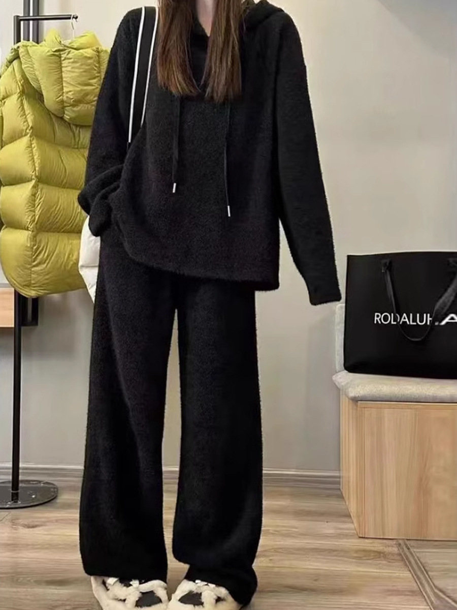 2025 Spring and Autumn Lazy Style Solid Color Loose Slim Soft Waxy Stuffed Hooded Top High Waist Casual Pants Two-Piece Set for Women