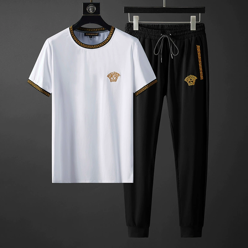 Европейский мужской летний повседневный спортивный костюм из мерсеризованного хлопка 2024, новая модная футболка с круглым вырезом и короткими рукавами, комплект из двух предметов
