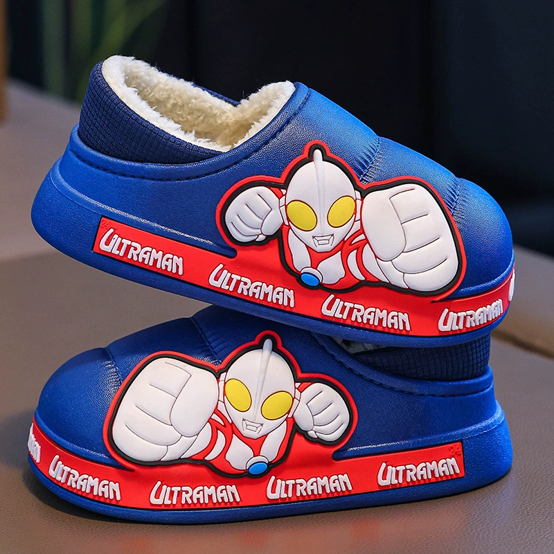 Детские тапочки Ultraman для мальчиков, зимние тапочки с героями мультфильмов для дома и улицы, детские водонепроницаемые нескользящие хлопковые тапочки с закрытой задней частью.