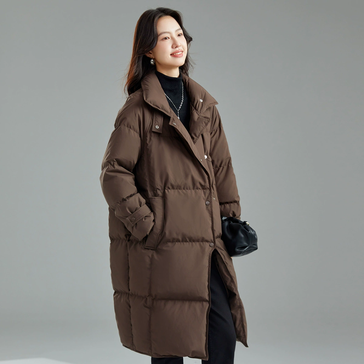 Down jacket, goose down, increased thickness, loose fit, coffee/black/white, sizes S–L