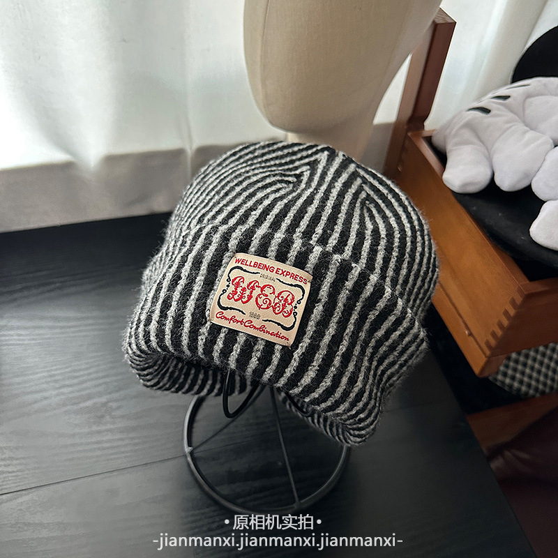 韩系ins风简约时尚百搭字母贴布毛绒帽休闲基础包头护耳保暖冷帽|undefined
