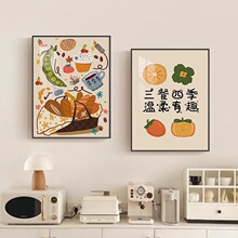 原木四季风三餐挂画多巴胺餐厅装饰画背景墙壁画客厅沙发餐桌治愈