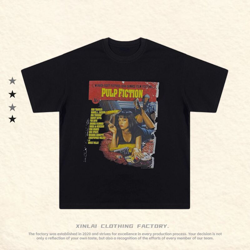 Pulp Fiction Quentin European and American Movie Pulp Fiction Cover Vintage Retro Men's and Women's Short-Sleeved T-Shirt Trend