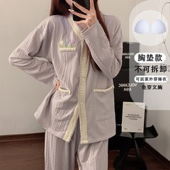 香芋紫花朵睡衣女生纯棉带胸垫春秋季新款开衫长袖长裤家居服套装