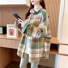 香港スタイルのレトロな厚みのある起毛チェック柄シャツトップ女性のための 2025 春と秋の韓国スタイルのカジュアルなルーズ長袖ジャケット