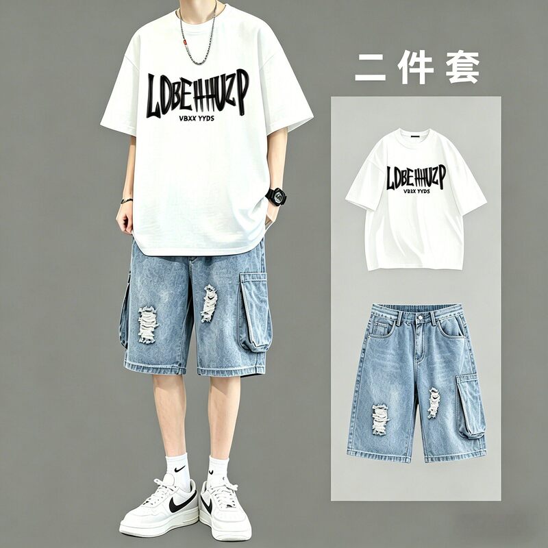 Pure Cotton T-Shirt for Boys, Summer Loose-Fitting Short-Sleeved Shorts Two-Piece Set, Cool and Stylish Casual Outfit for Teenagers