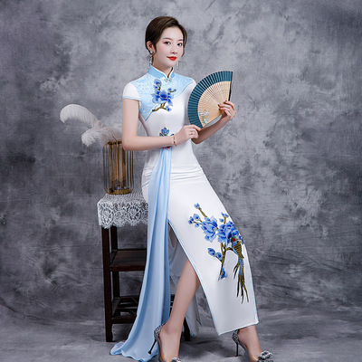 Chinese dress oriental retro qipao dress for women white blue porcelain Long performance catwalk cheongsam vintage dress