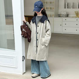 女童双面穿风衣2025秋装新款大童时髦洋气连帽长款大衣儿童外套潮