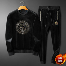 欧洲站秋冬新款男士金丝绒加绒加厚套装圆领刺绣休闲运动两件套潮