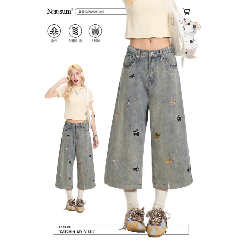 Puppy Embroidered Denim Shorts for Women 2025 New American Style Distressed Washed Loose Straight Wide Leg Cropped Pants