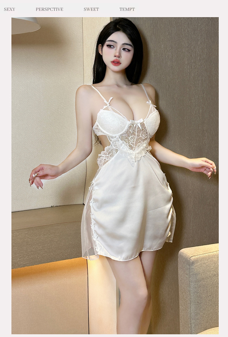 Lace See-through Babydoll Robe Set with Chest Pads, White One Size — detail image 11