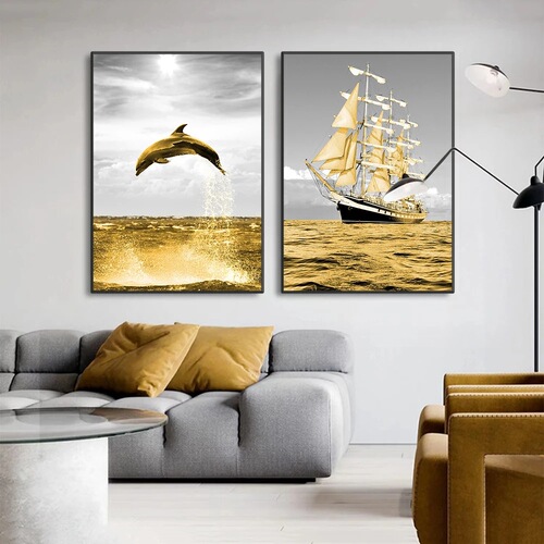Light luxury modern high-definition home decoration painting triple golden sea dolphin sailboat oil painting spray painting cross-border supply