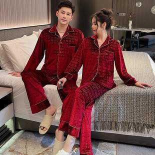 Golden Velvet Couple Pajamas Women's Autumn and Winter Long-sleeved Trousers Letter Printed suit Loose plus size Men's Home Clothes
