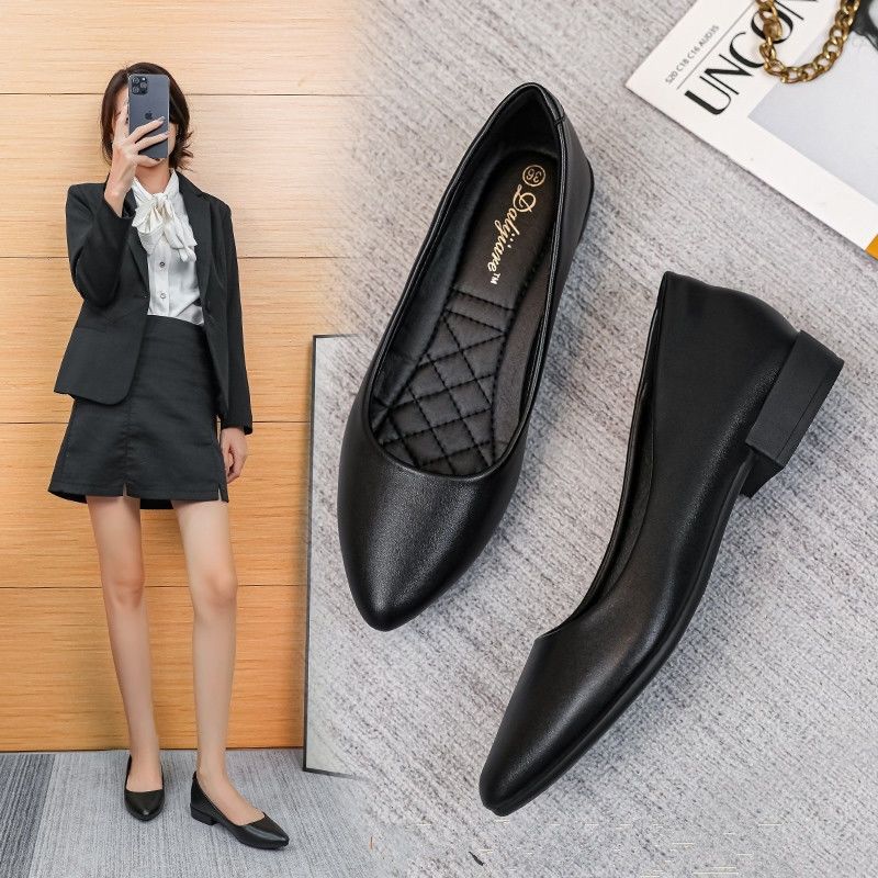 Real Soft Leather Pointed Toe Thick Heel Flats Professional Women's Shoes Black Work Shoes Soft Sole Bank Hotel Work Leather Shoes