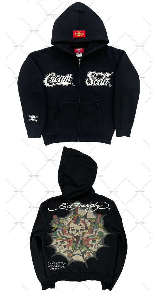 Ed Hardy Cream Soda Zip Sweater Skull Graphic Black