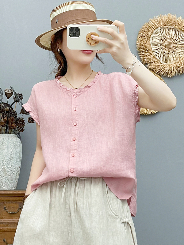 Linen Short-Sleeved Shirt for Women, Summer Thin Style, Cool and Breathable Shirt, Retro Artistic Lace Collar, Flying Sleeves Top Linen Short-Sleeved Shirt for Women, Summer Thin Style, Cool and Breathable Shirt, Retro Artistic Lace Collar, Flying Sleeves Top