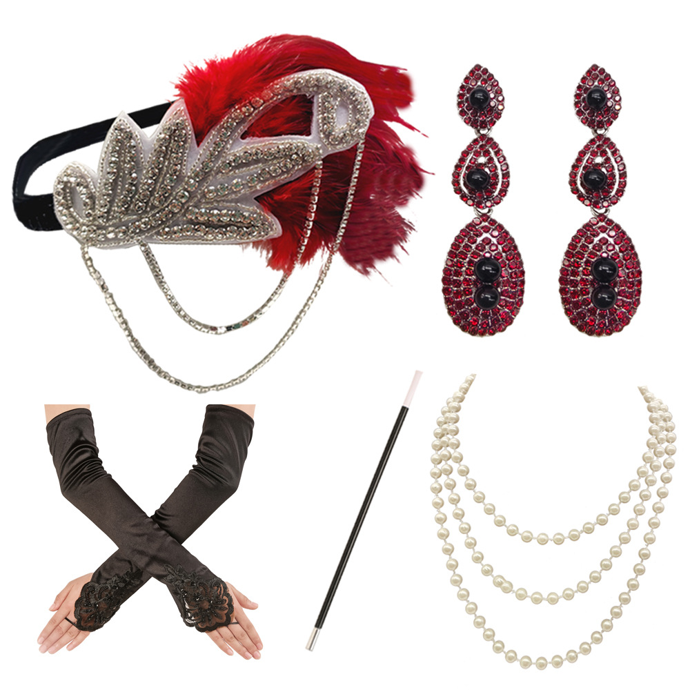 1920 Flapper vestido de niña disfraz de Halloween guantes de cigarrillos collar de varilla venda tira de lana conjunto de cinco piezas