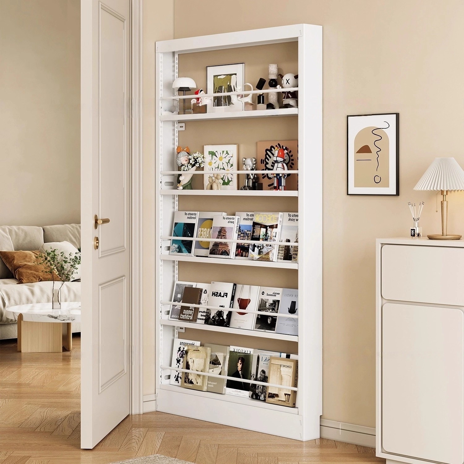 Steel Door-Back Bookshelf, Floor-Standing, Wall-Leaning, Narrow Gap Student Picture Book Rack, Wall-Mounted Storage Shelf, Thickened