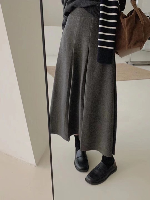 灰色羊毛针织感半身裙女秋冬字长裙子中长款高腰百褶裙|undefined
